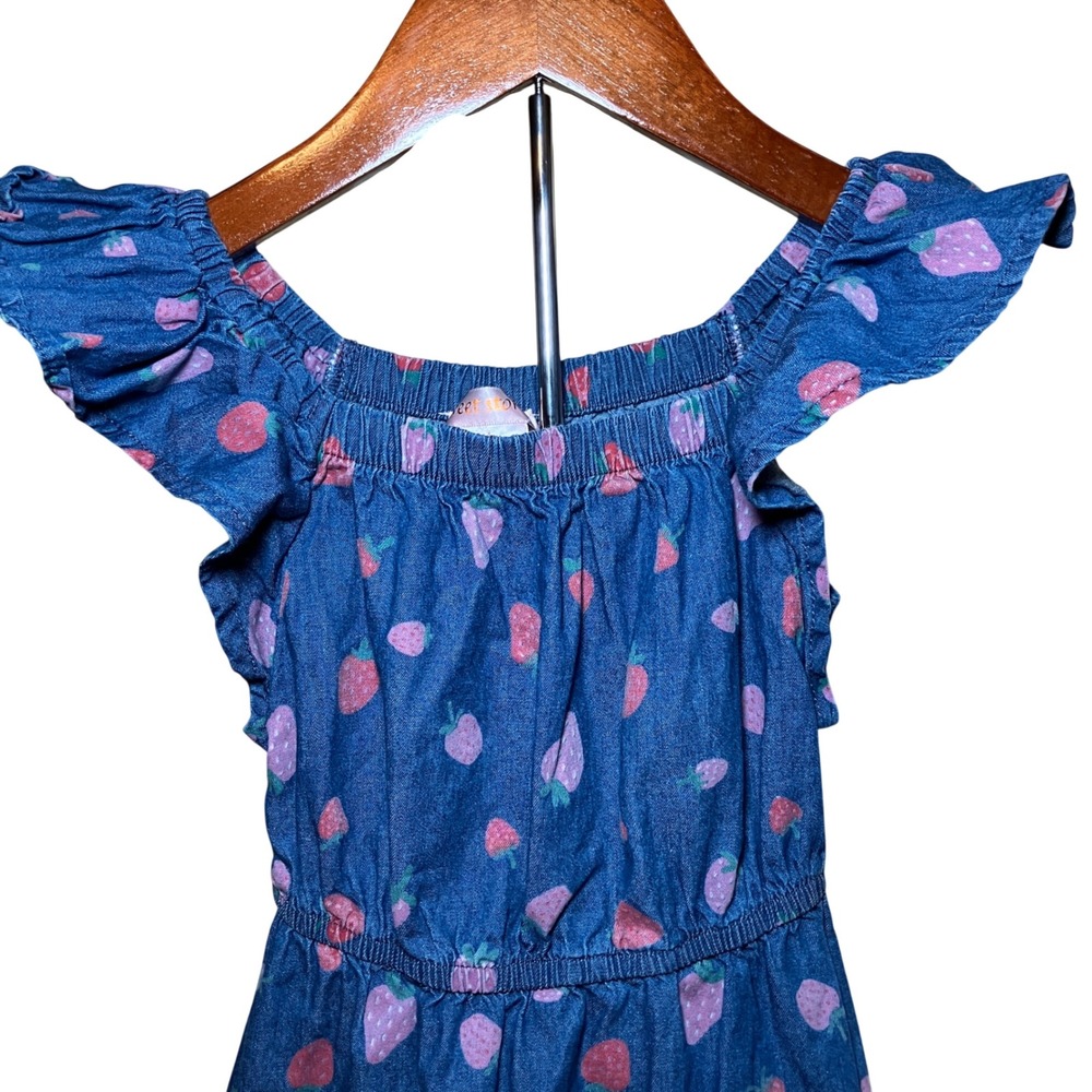 Sweet Story Girls Size 4 Blue Denim Strawberry Print Flutter Sleeve Dress - Picture 2 of 7